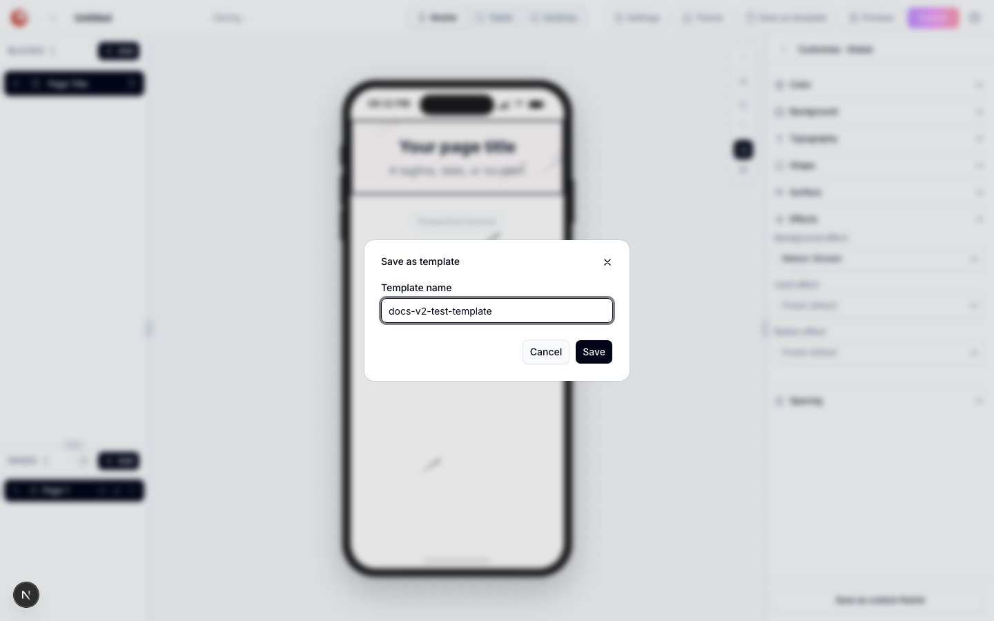مربع حوار Save as template مع حقل Template name معبّأً باسم docs-v2-test-template، وزري Cancel وSave