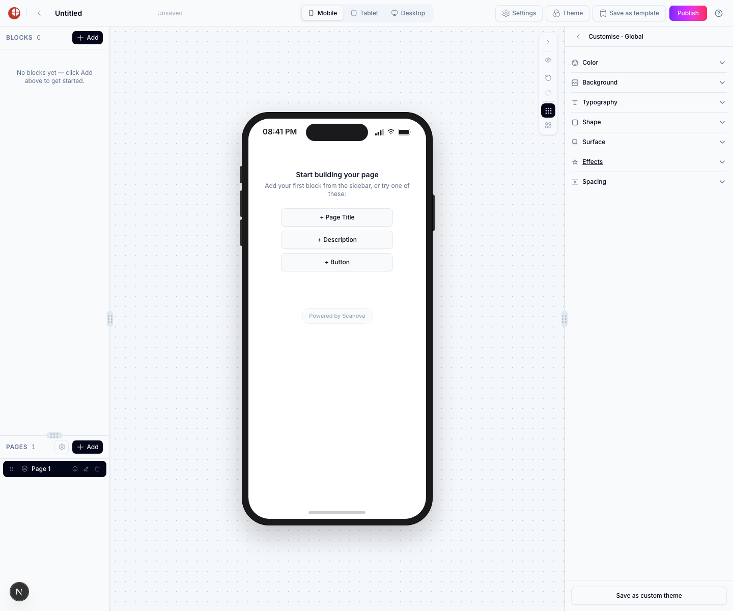 Customise panel showing seven collapsible sections: Color, Background, Typography, Shape, Surface, Effects, Spacing