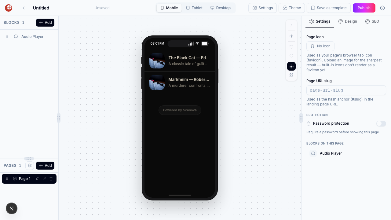Page-Builder-Canvas mit der Audio-Vorlage Short Story Narration und einem einzelnen Audio-Player-Block mit zwei erzählten Geschichten