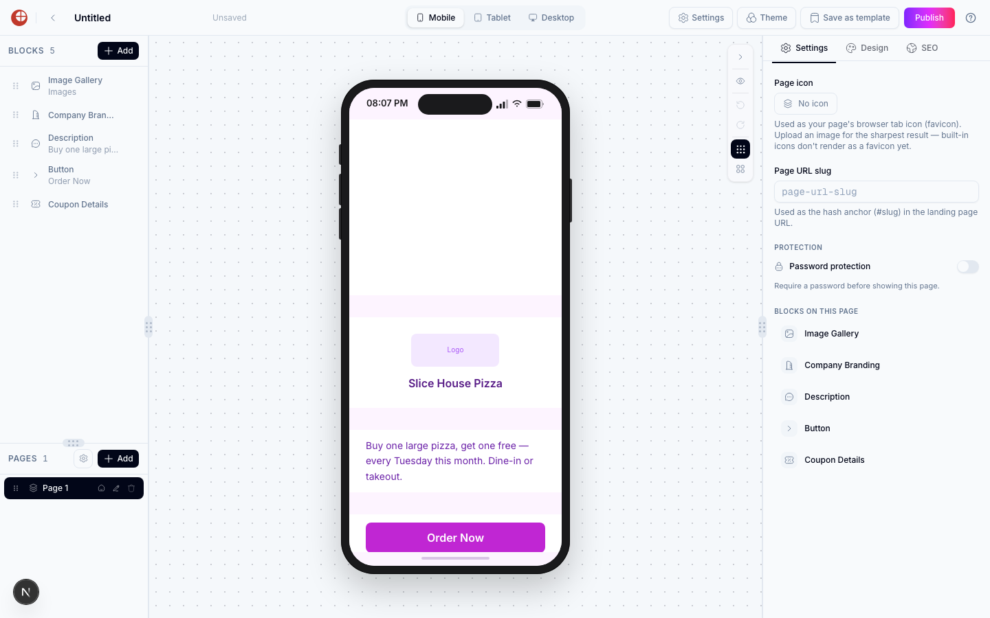 Canevas du page builder montrant le modèle de coupon Food Deal avec les blocs Image Gallery, Company Branding, Description, Button et Coupon Details listés dans le panneau de gauche