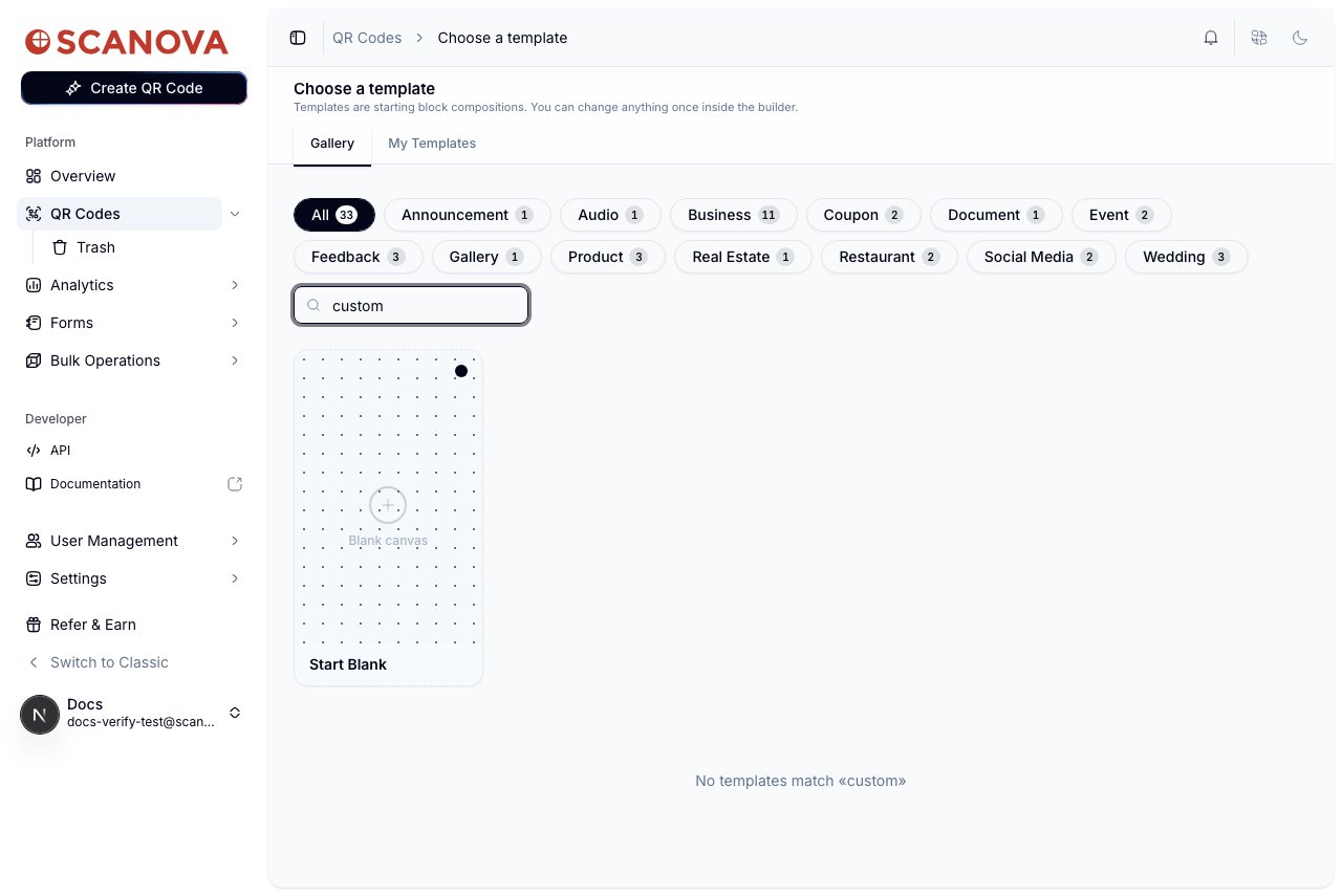 模板画廊搜索框显示 'No templates match «custom»',仅剩 Start Blank 可见