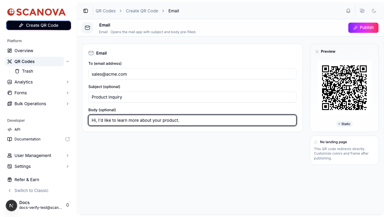 Email Quick Code form with the To field filled in with sales@acme.com, a subject and body message, and a live QR preview on the right