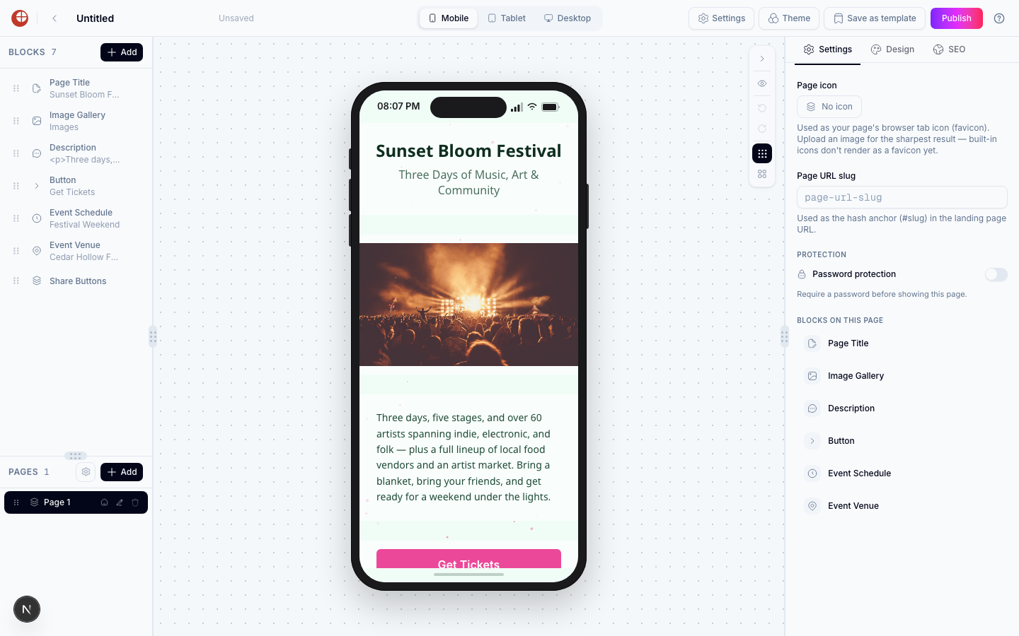 Page-Builder-Canvas mit der Event-Vorlage Music & Arts Festival und den Blöcken Page Title, Image Gallery, Description, Button, Event Schedule, Event Venue und Share Buttons im linken Panel