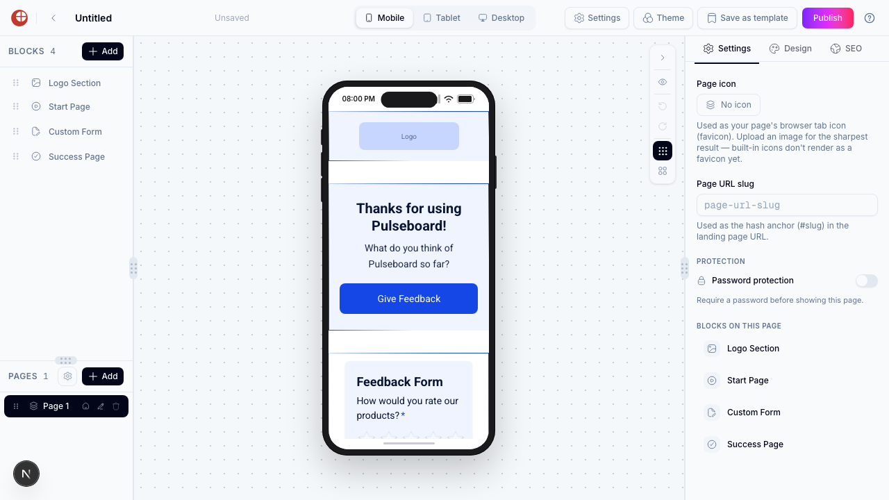 Canevas du page builder montrant le modèle Product Feedback avec les blocs Logo Section, Start Page, Custom Form et Success Page