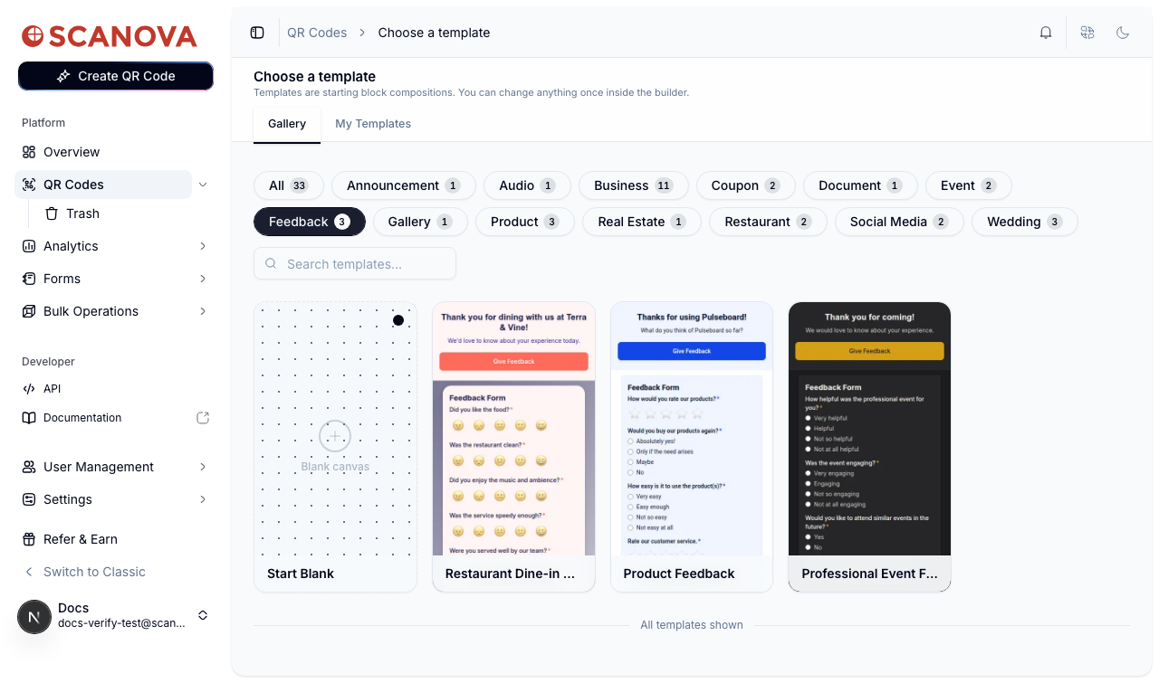 Galerie de modèles filtrée sur l'étiquette Feedback, montrant les modèles Restaurant Dine-in Feedback, Product Feedback et Professional Event Feedback ainsi que l'option Start Blank