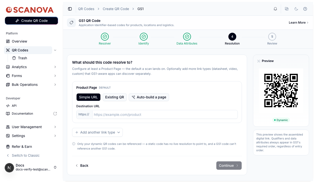 GS1 wizard step 4, Resolution, showing the required Product Page entry set to Simple URL with a destination field, plus an option to add more link types