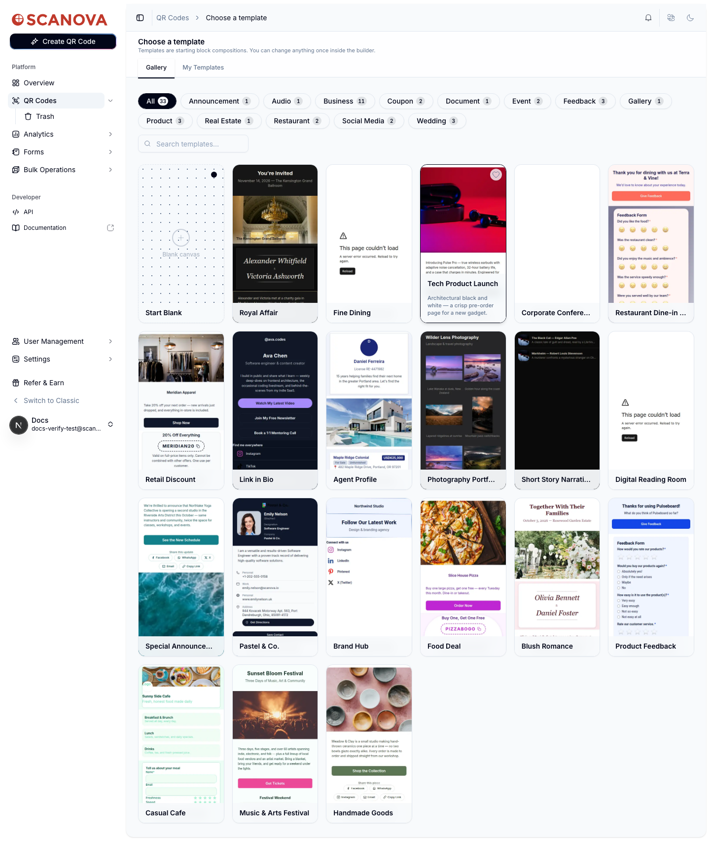 Galerie Choose a template avec des puces de filtre par catégorie (Announcement, Audio, Business, Coupon, Document, Event, Feedback, Product, Real Estate, Restaurant, Social Media, Wedding) et une grille de vignettes de modèles ainsi qu'une option Start Blank