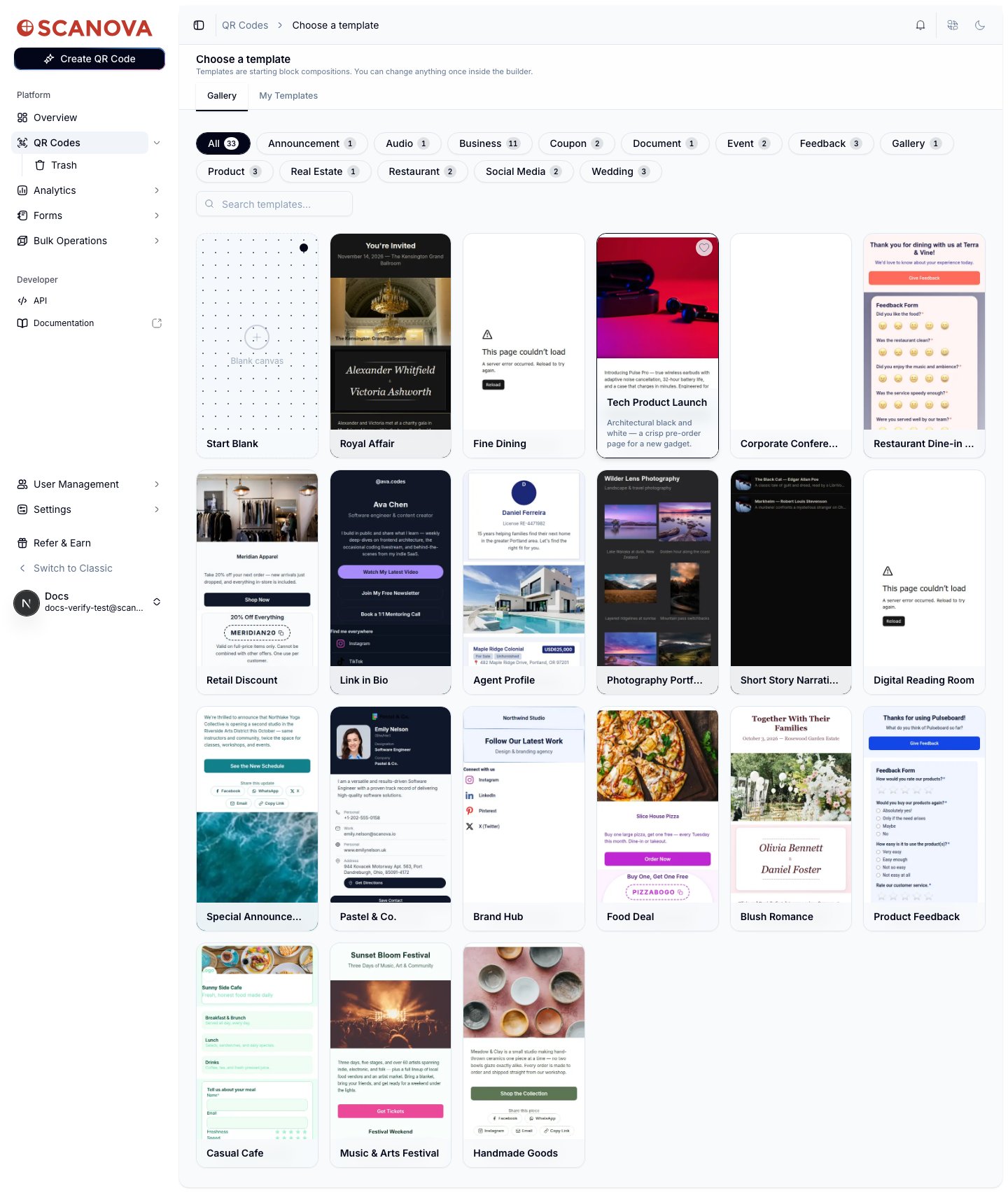 معرض Choose a template مع رقائق فلترة حسب الفئة (Announcement، Audio، Business، Coupon، Document، Event، Feedback، Product، Real Estate، Restaurant، Social Media، Wedding) وشبكة من صور القوالب المصغّرة بالإضافة إلى خيار Start Blank