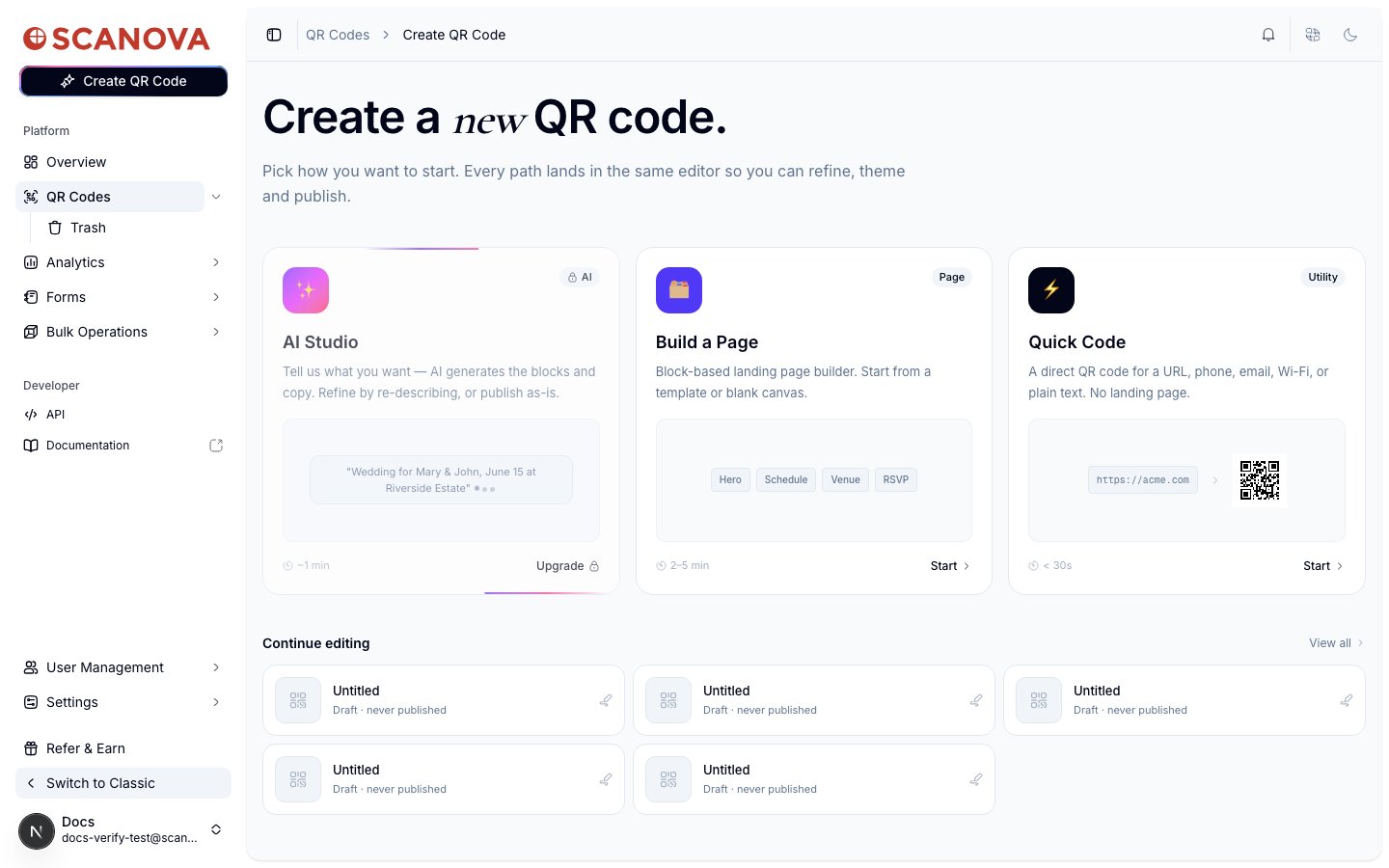 مركز إنشاء رمز QR جديد بثلاث بطاقات: AI Studio (مقفلة، تعرض Upgrade)، وBuild a Page (موسومة Page، 2-5 min)، وQuick Code (موسومة Utility، أقل من 30 ثانية)