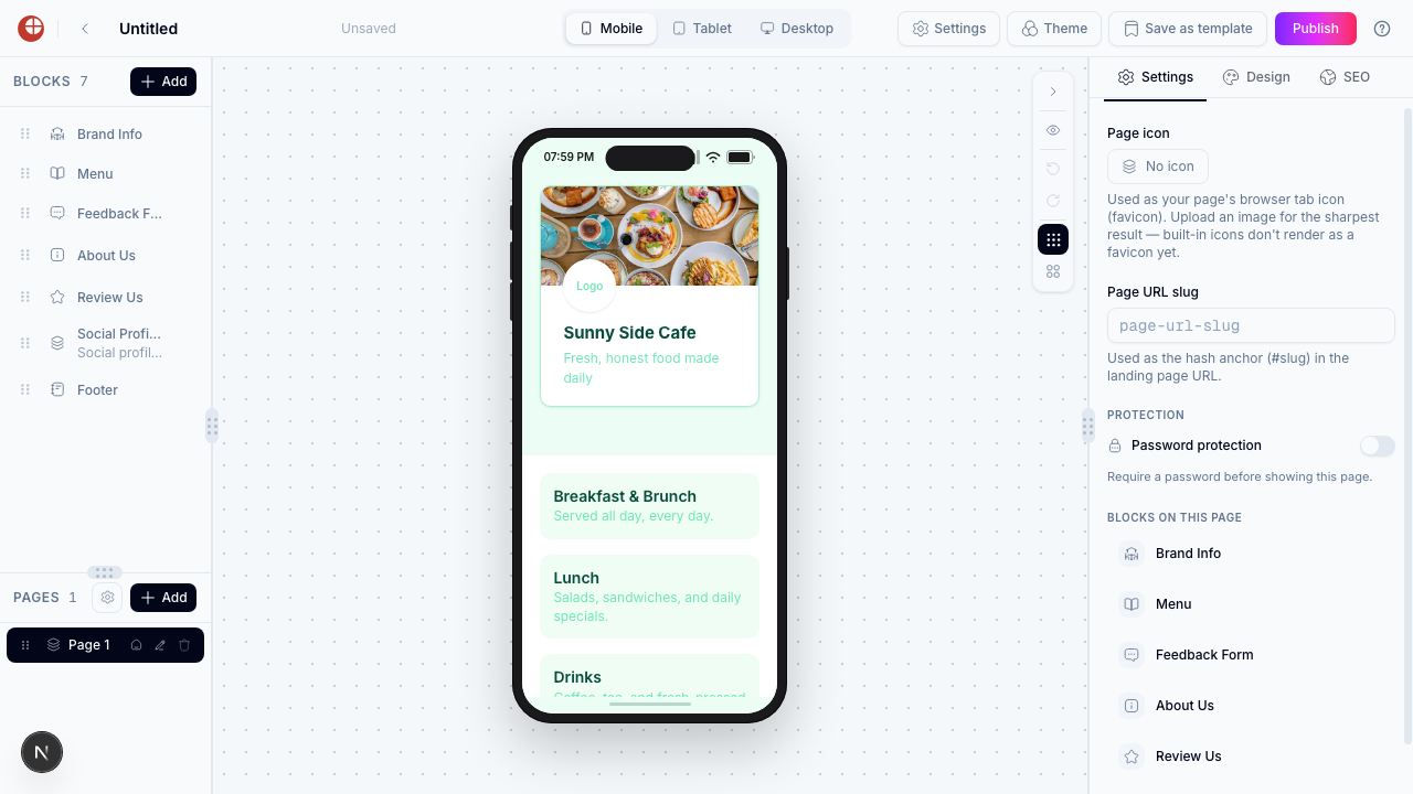 Canevas du page builder montrant le modèle de restaurant Casual Cafe avec les blocs Brand Info, Menu, Feedback Form, About Us, Review Us, Social Profiles et Footer