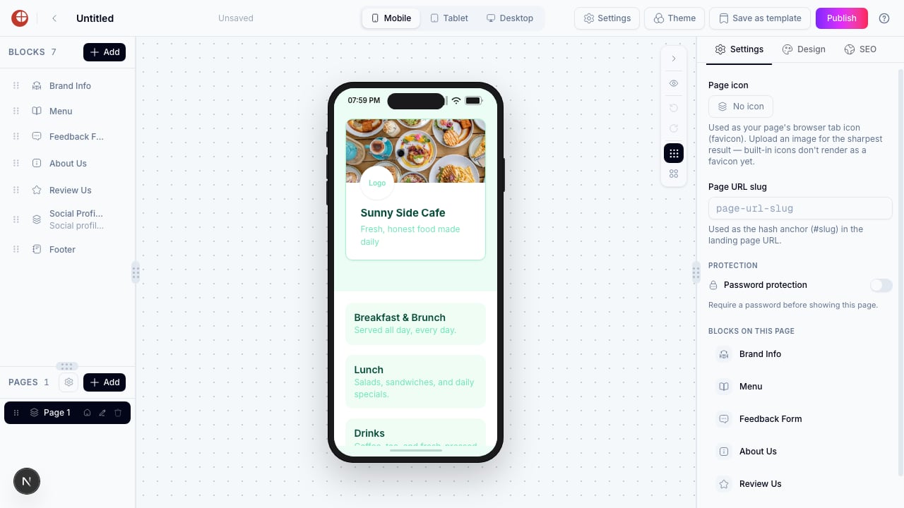 Page Builder 画布,展示 Casual Cafe 餐厅模板,包含 Brand Info、Menu、Feedback Form、About Us、Review Us、Social Profiles 和 Footer 区块