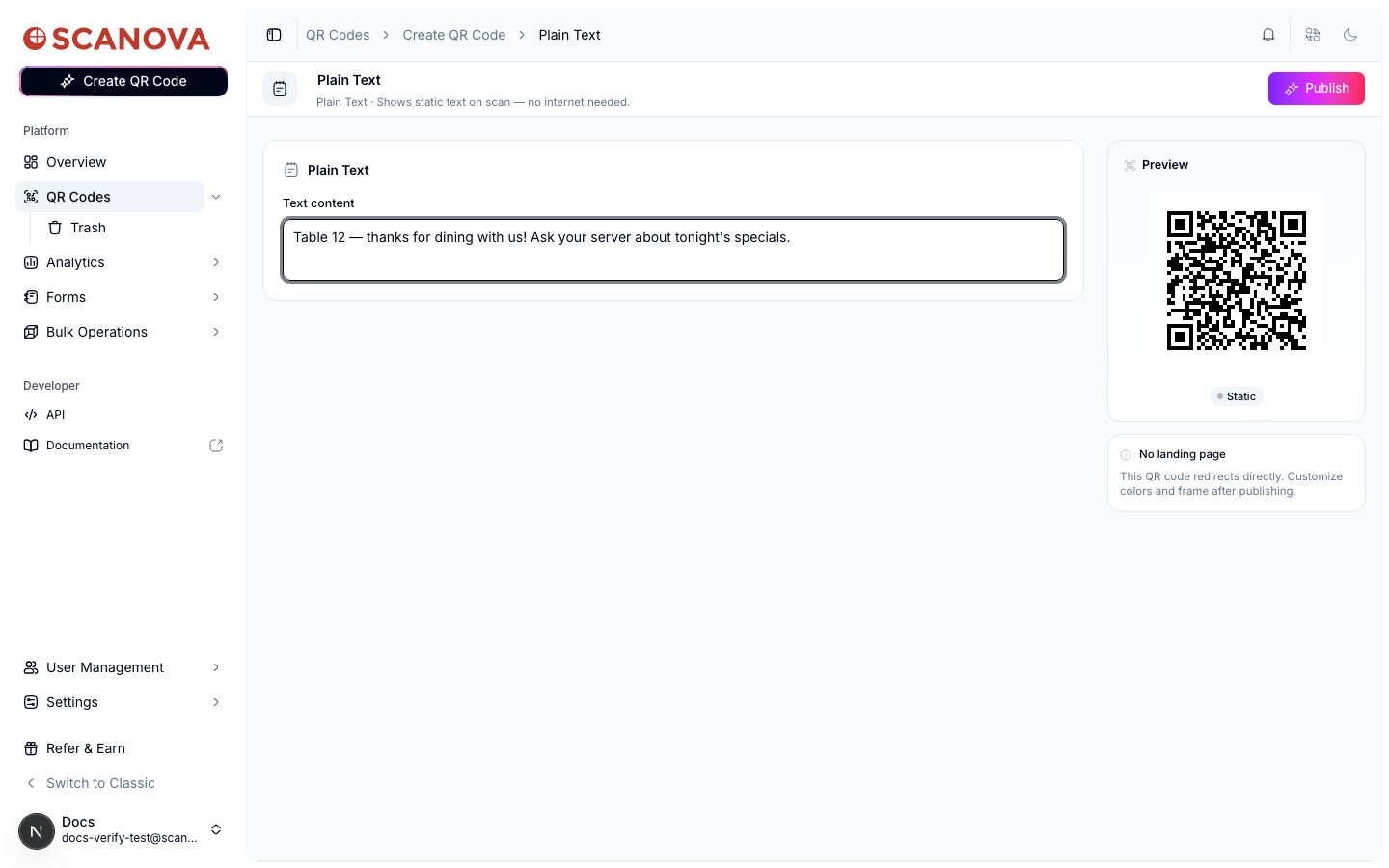 Plain Text Quick Code form with the Text content textarea filled in with a short message, plus a live QR preview on the right