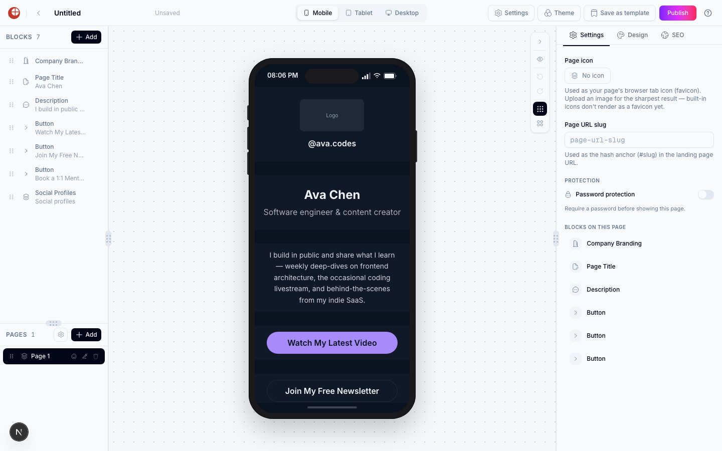 Page builder canvas showing the Link in Bio social-media template with Company Branding, Page Title, Description, three Button blocks, and a Social Profiles block