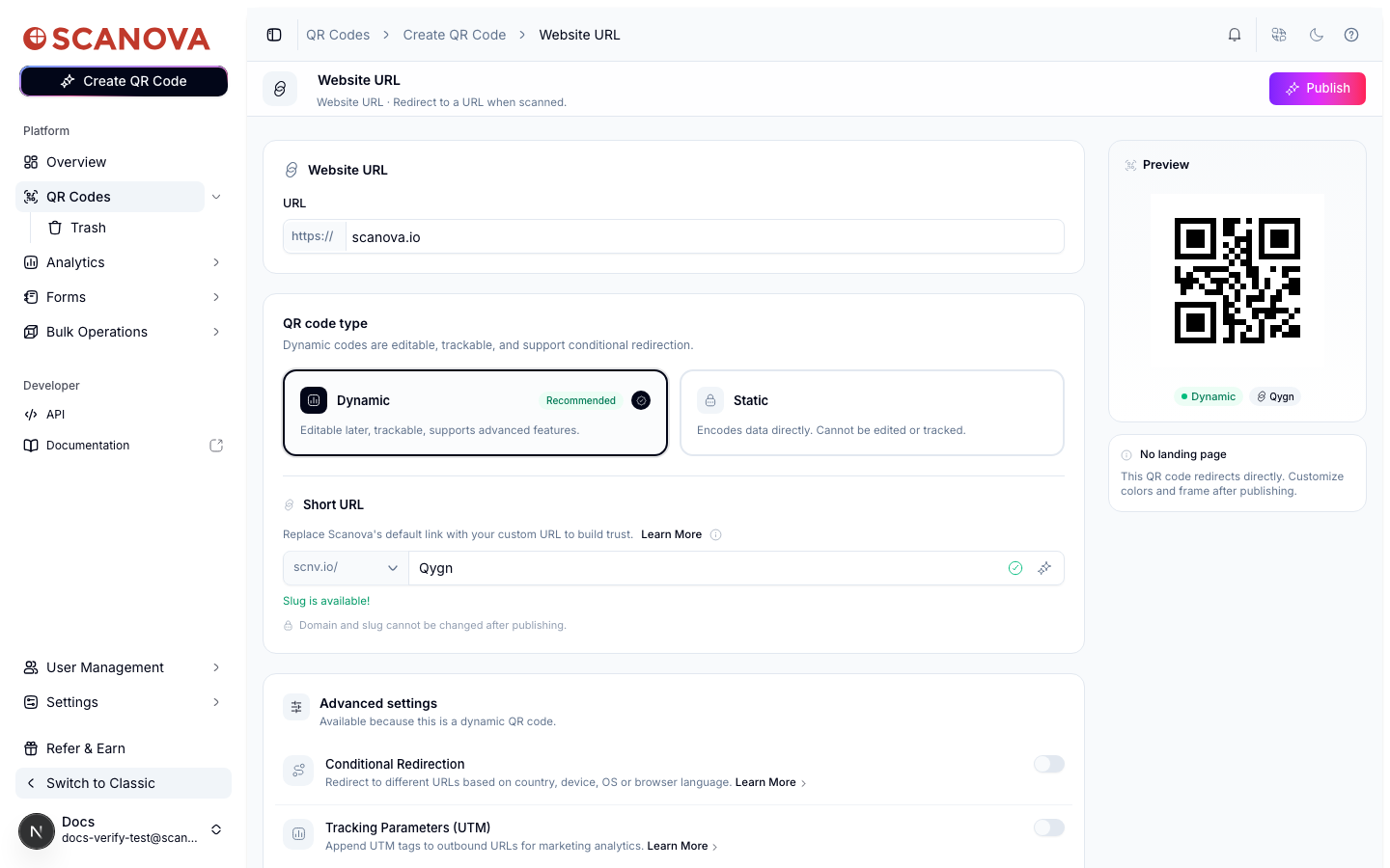 Website URL Quick Code form showing the URL field filled in with scanova.io, the Dynamic/Static QR code type picker, Short URL section, and Advanced settings for Conditional Redirection and UTM tracking