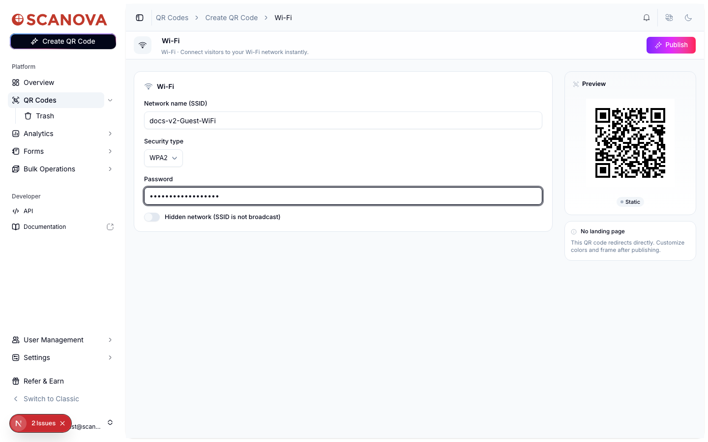 Wi-Fi Quick Code form filled in with network name docs-v2-Guest-WiFi, WPA2 security, a password, and the Hidden network toggle on — a QR preview has appeared and the Publish button is now enabled