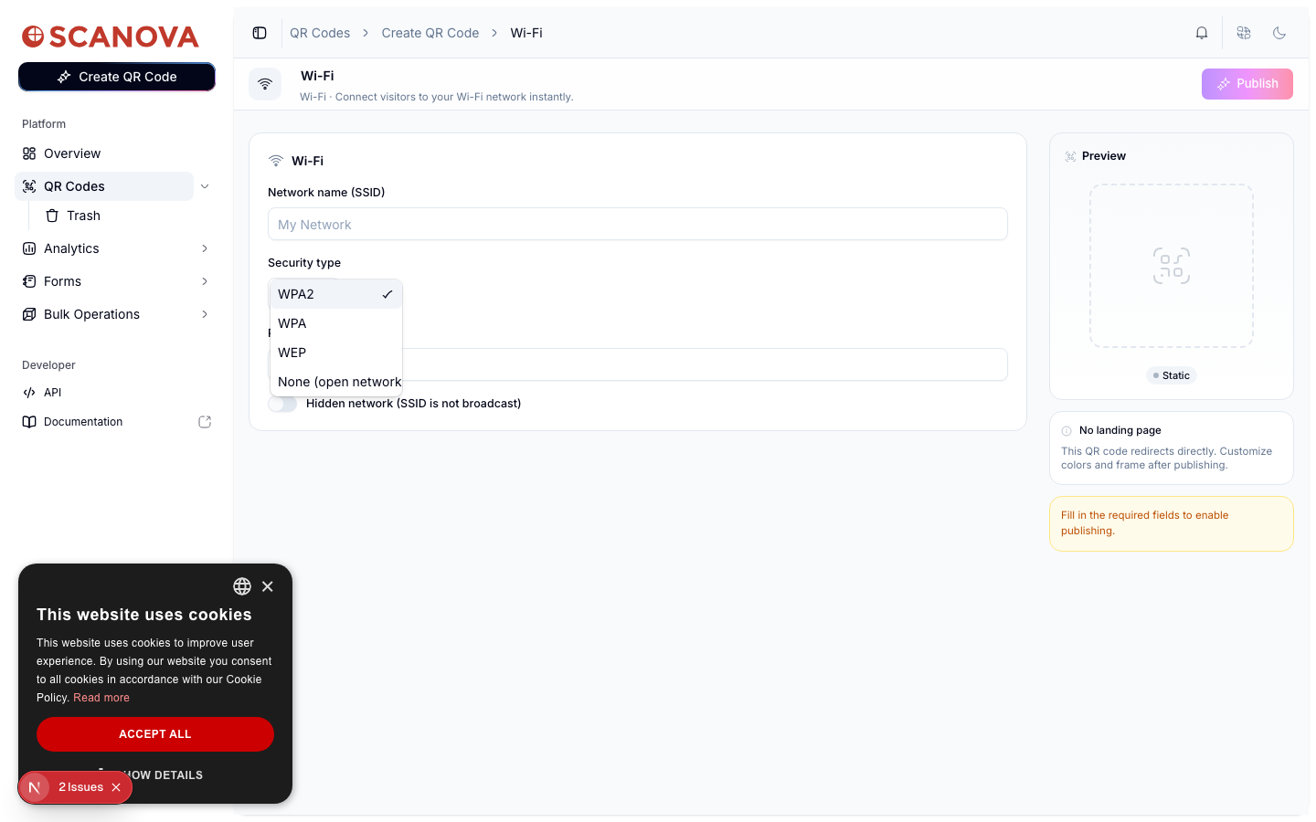 Wi-Fi Quick Code form with the Security type dropdown open, showing WPA2 (checked), WPA, WEP, and None (open network) options