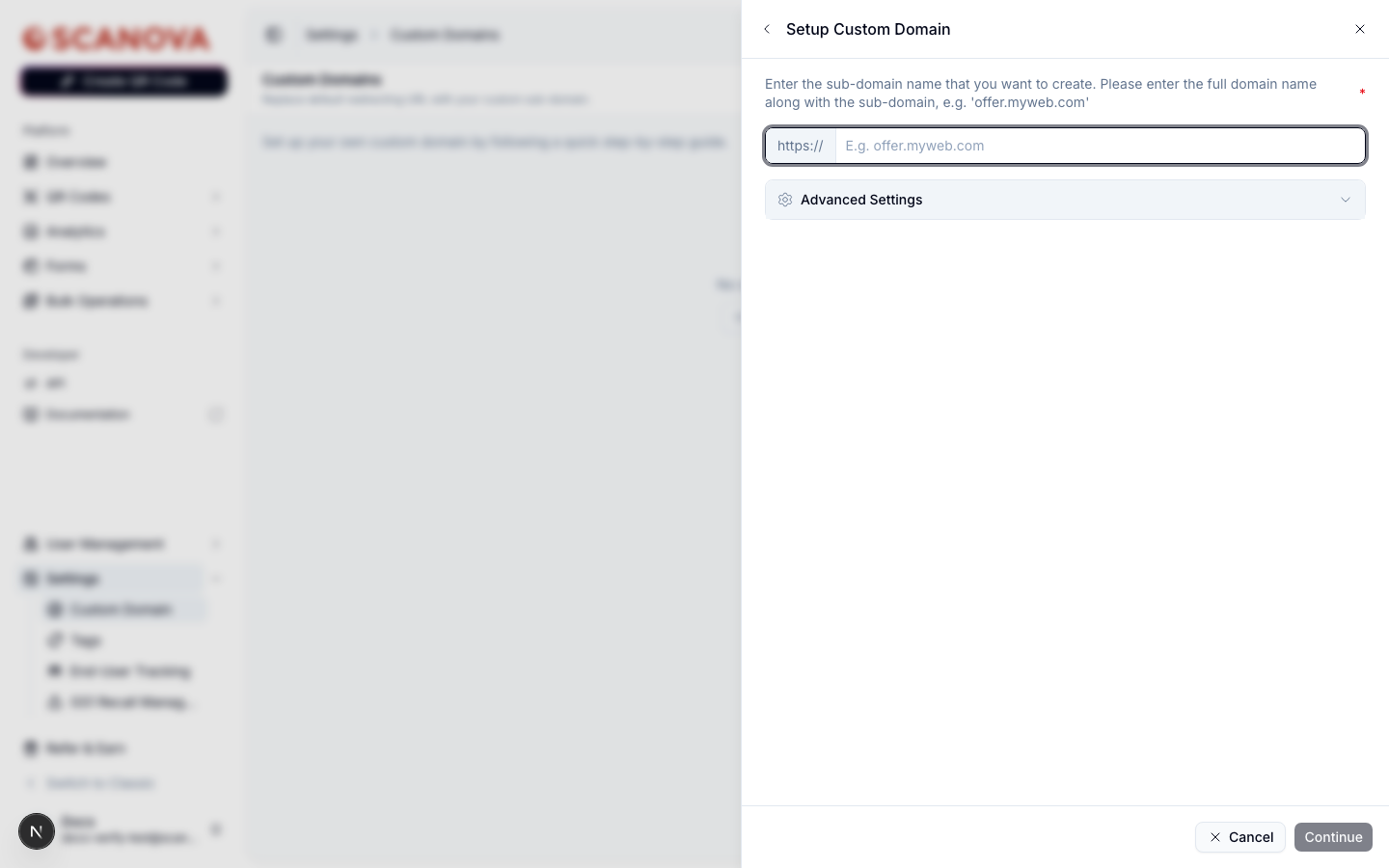 Setup Custom Domain drawer, step 1, showing an https:// prefixed input for the sub-domain name and a collapsed Advanced Settings section