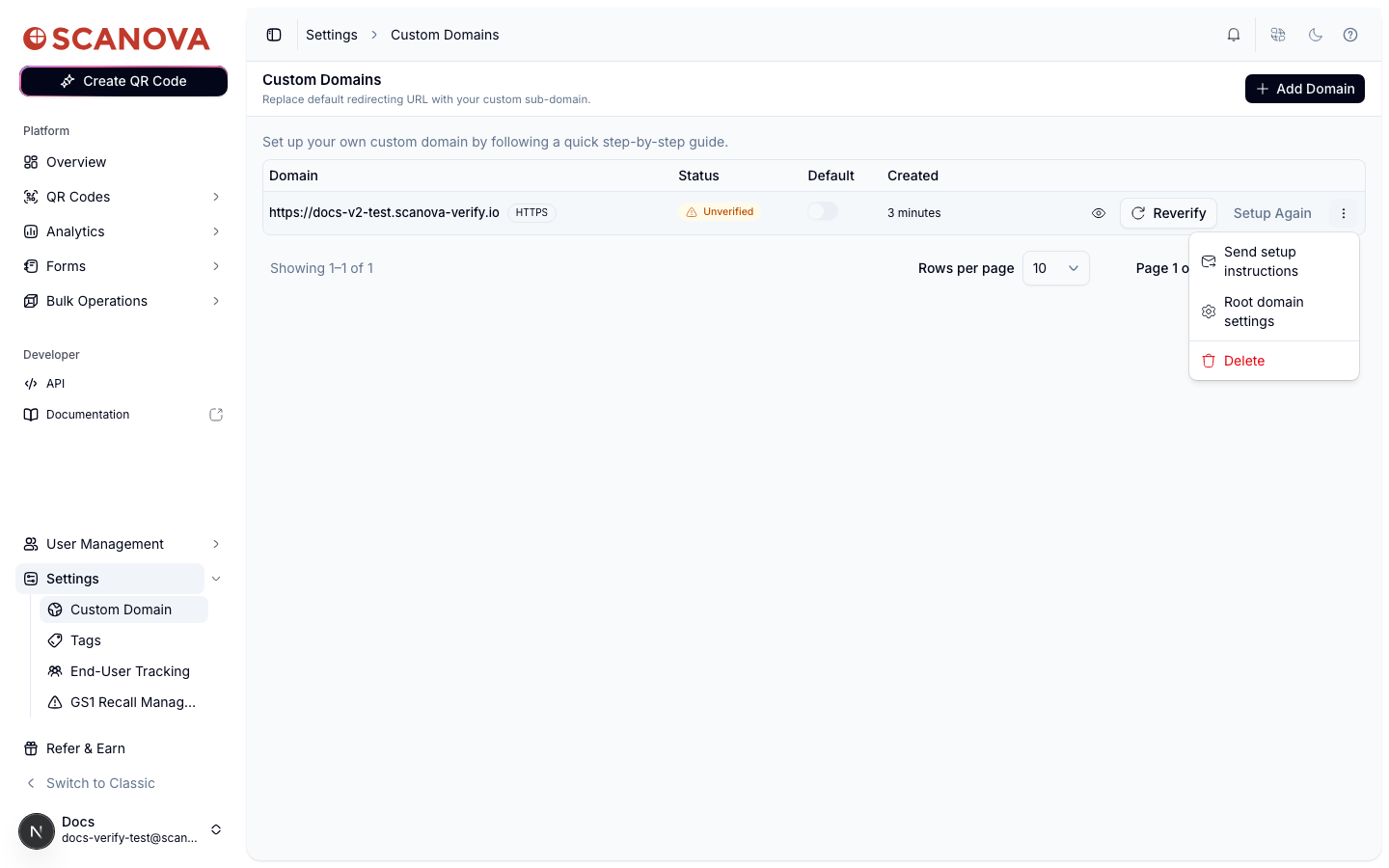 Custom domain row showing Unverified status, a Reverify button, a Setup Again link, and an open dropdown menu with Send setup instructions, Root domain settings, and Delete options