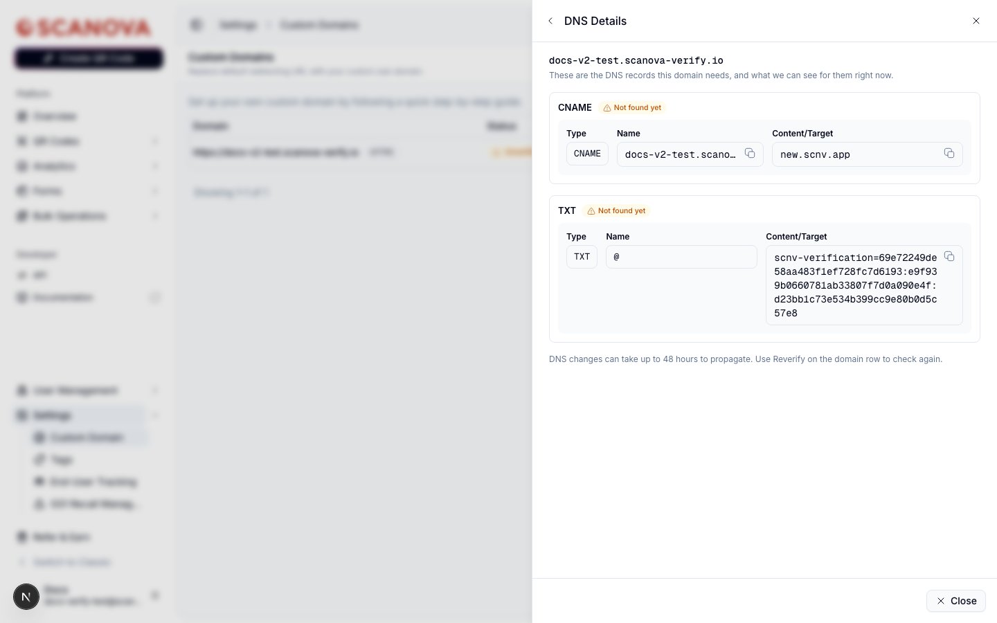 Detailansicht „DNS-Details“ mit einem CNAME-Eintrag und einem TXT-Eintrag, beide als „Noch nicht gefunden“ markiert, mit ihren Feldern Typ, Name und Inhalt/Ziel sowie Schaltflächen zum Kopieren in die Zwischenablage