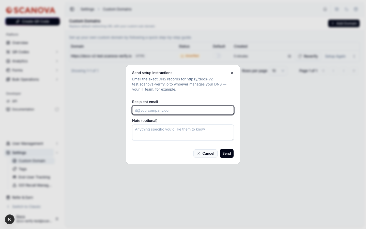 Send setup instructions dialog with a recipient email field, an optional note textarea, and Cancel/Send buttons
