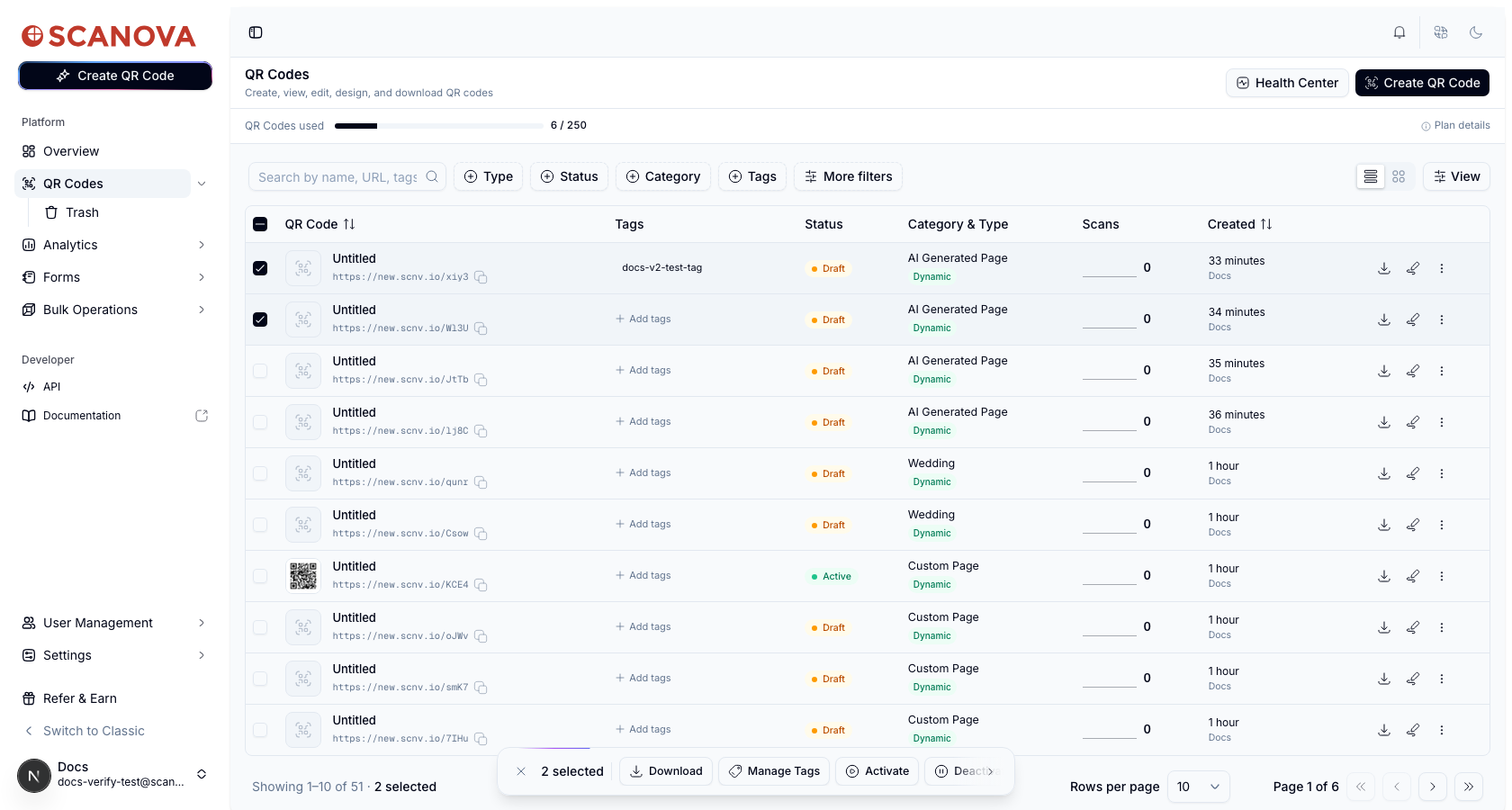 شريط أدوات الإجراءات الجماعية العائم يعرض '2 selected' مع أزرار Download وManage Tags وActivate وDeactivate