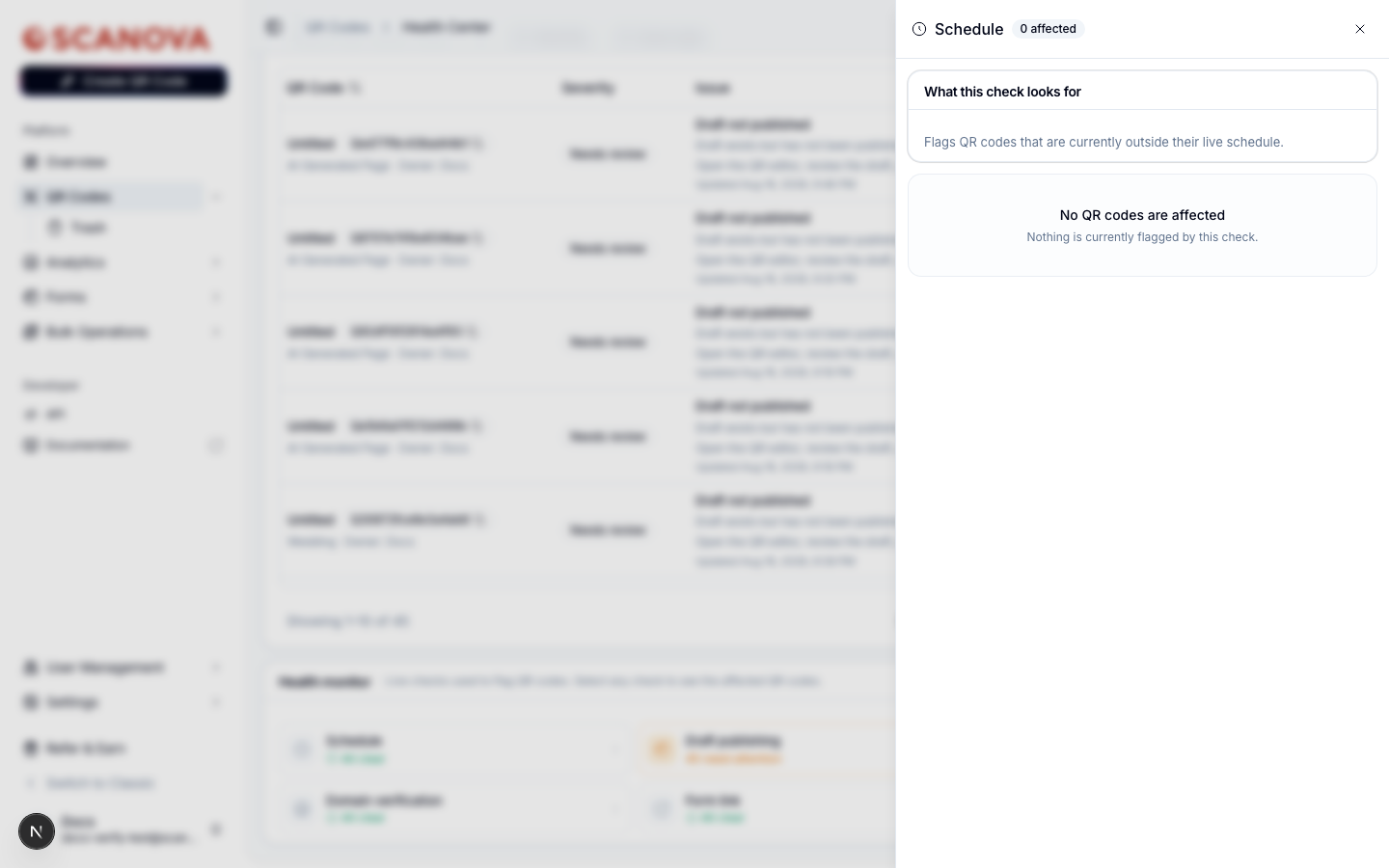 درج إشارة المراقبة لفحص Schedule، يعرض 'What this check looks for: Flags QR codes that are currently outside their live schedule' وحالة فارغة تقرأ 'No QR codes are affected'