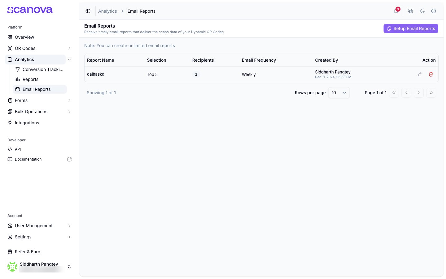 Scanova Email Reports 页面显示一个表格,包含 Report Name、Selection、Recipients、Email Frequency、Created By 和 Action 列,对应一份已设置的每周邮件报告