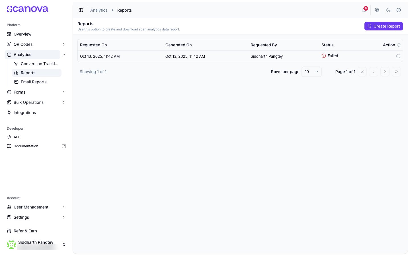 Scanova Reports 页面显示一个表格,包含 Requested On、Generated On、Requested By、Status 和 Action 列,其中一份报告处于 In Progress 状态