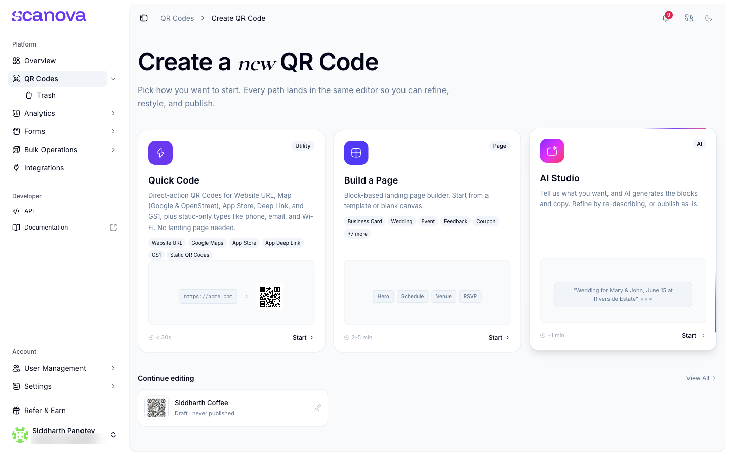 Create QR Code hub with Quick Code, Build a Page, and AI Studio cards, plus drafts to continue editing