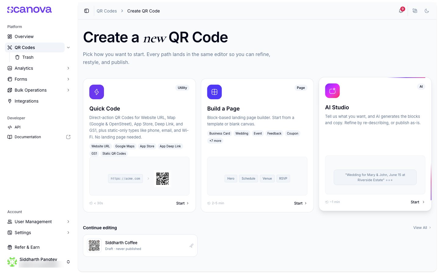 创建新 QR 码中心页面,展示三张卡片:AI Studio(标记为 Upgrade)、Build a Page 和 Quick Code,以及一个包含草稿 QR 码的 Continue editing 板块