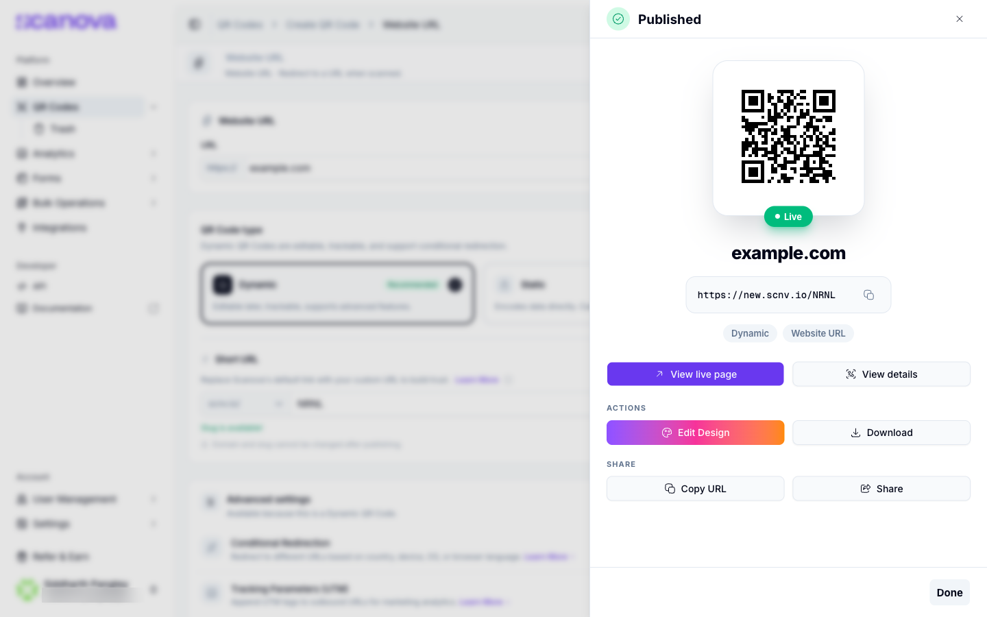 Published QR Code drawer showing the code, a Live badge, its short URL, and download, copy, and share actions