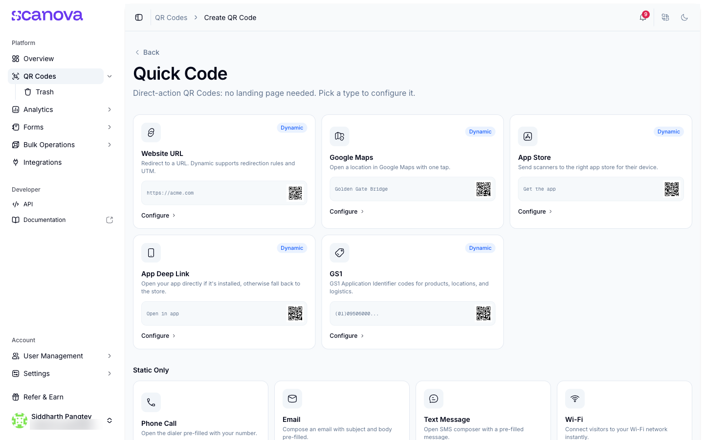 Quick Code type picker with Dynamic types including Website URL and GS1, and a Static Only section
