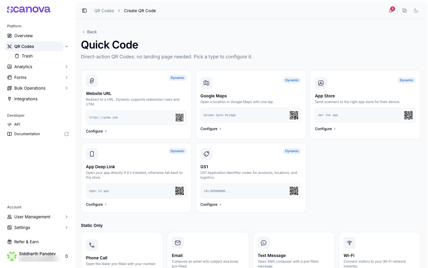 Quick Code 类型选择器,展示 Website URL、Google Maps、App Store、App Deep Link 和 GS1 作为 Dynamic 选项,以及一个 Static Only 板块,包含 Phone Call、Email、Text Message、Wi-Fi、Plain Text、Event Calendar 和 Contact Card