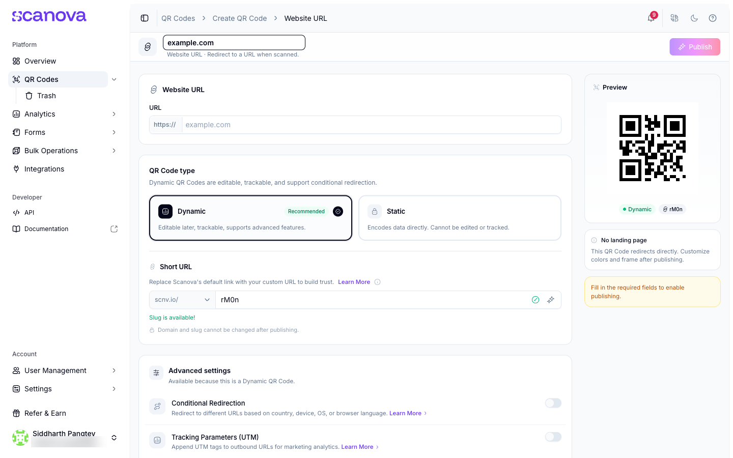 Website URL Quick Code form with the URL filled in, Dynamic selected, and an auto-generated short URL