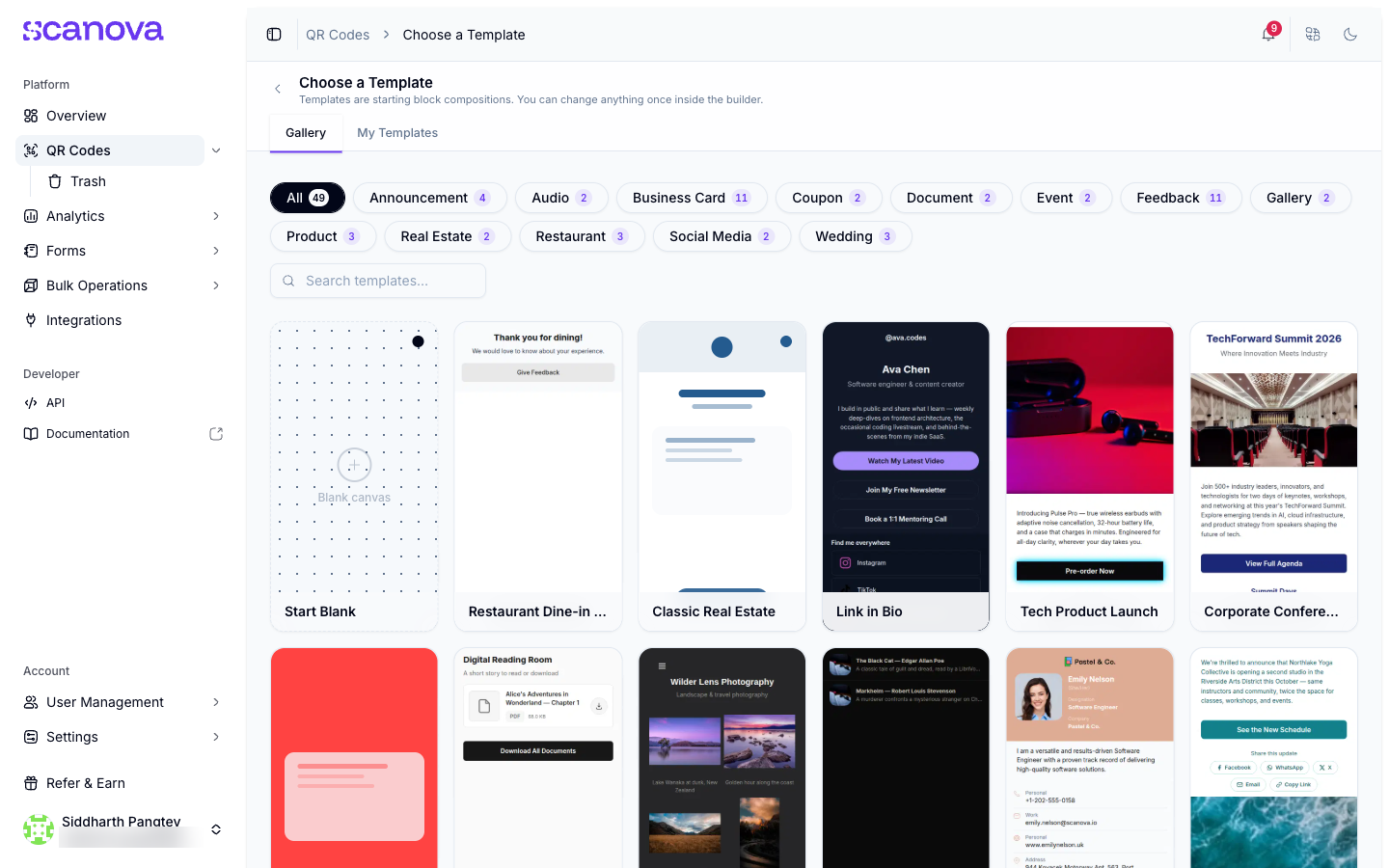 Build a Page template gallery with category names as filter chips along the top