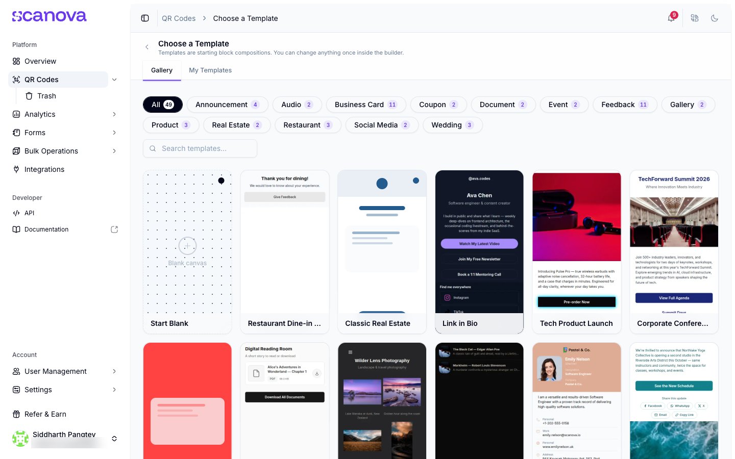 Build a Page template gallery with category names as filter chips along the top