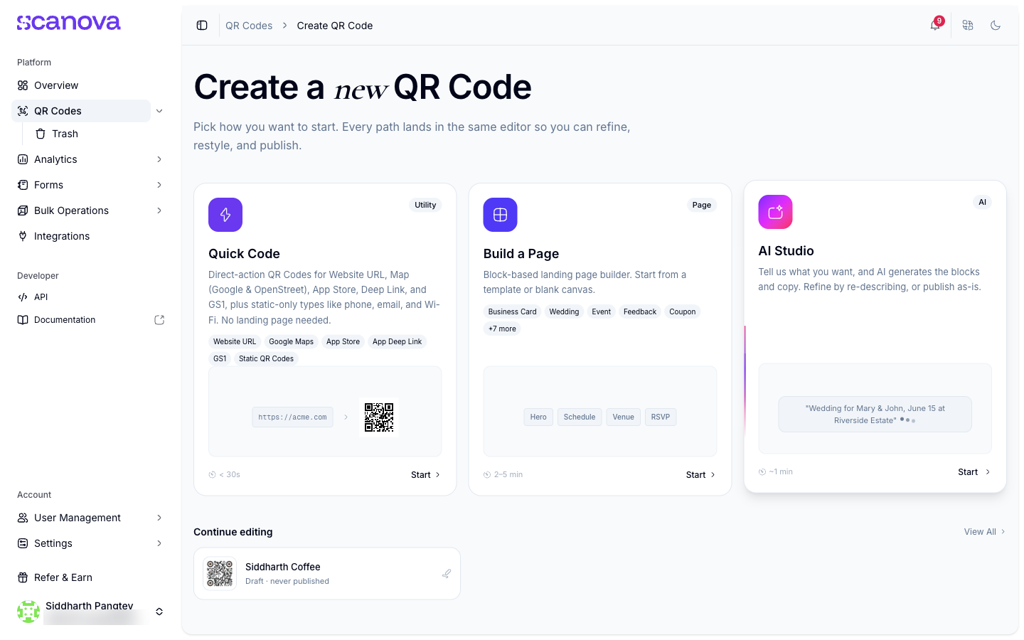 Create QR Code hub with the three routes: Quick Code, Build a Page, and AI Studio