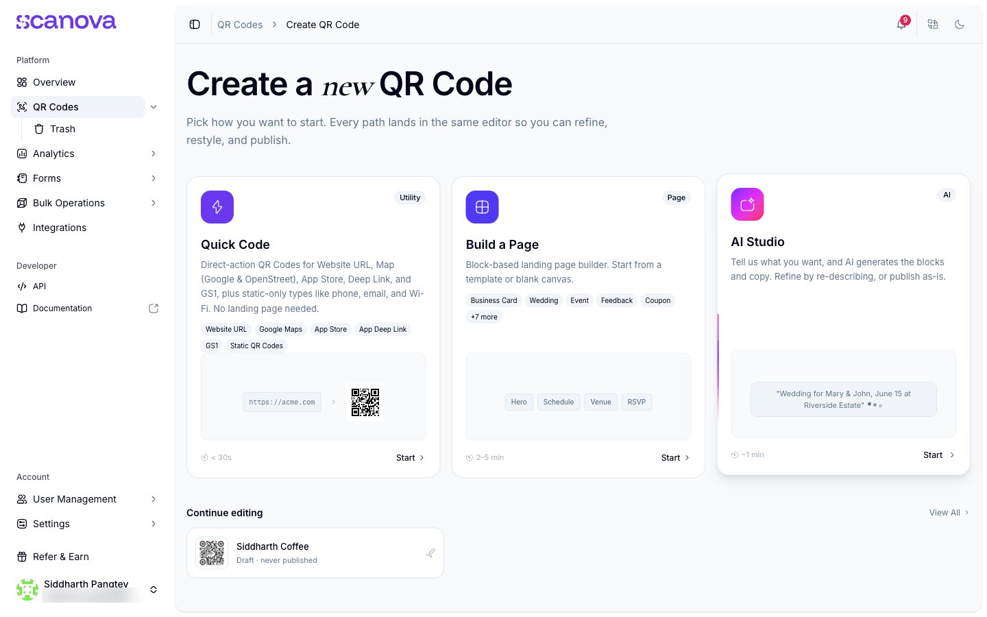 Create QR Code hub with the three routes: Quick Code, Build a Page, and AI Studio
