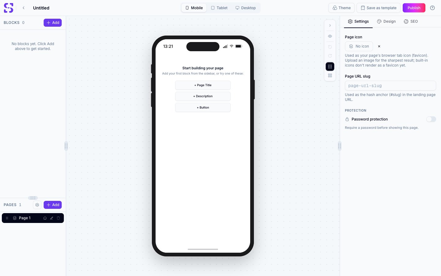 Block-based landing page editor with a live preview at mobile, tablet, and desktop widths