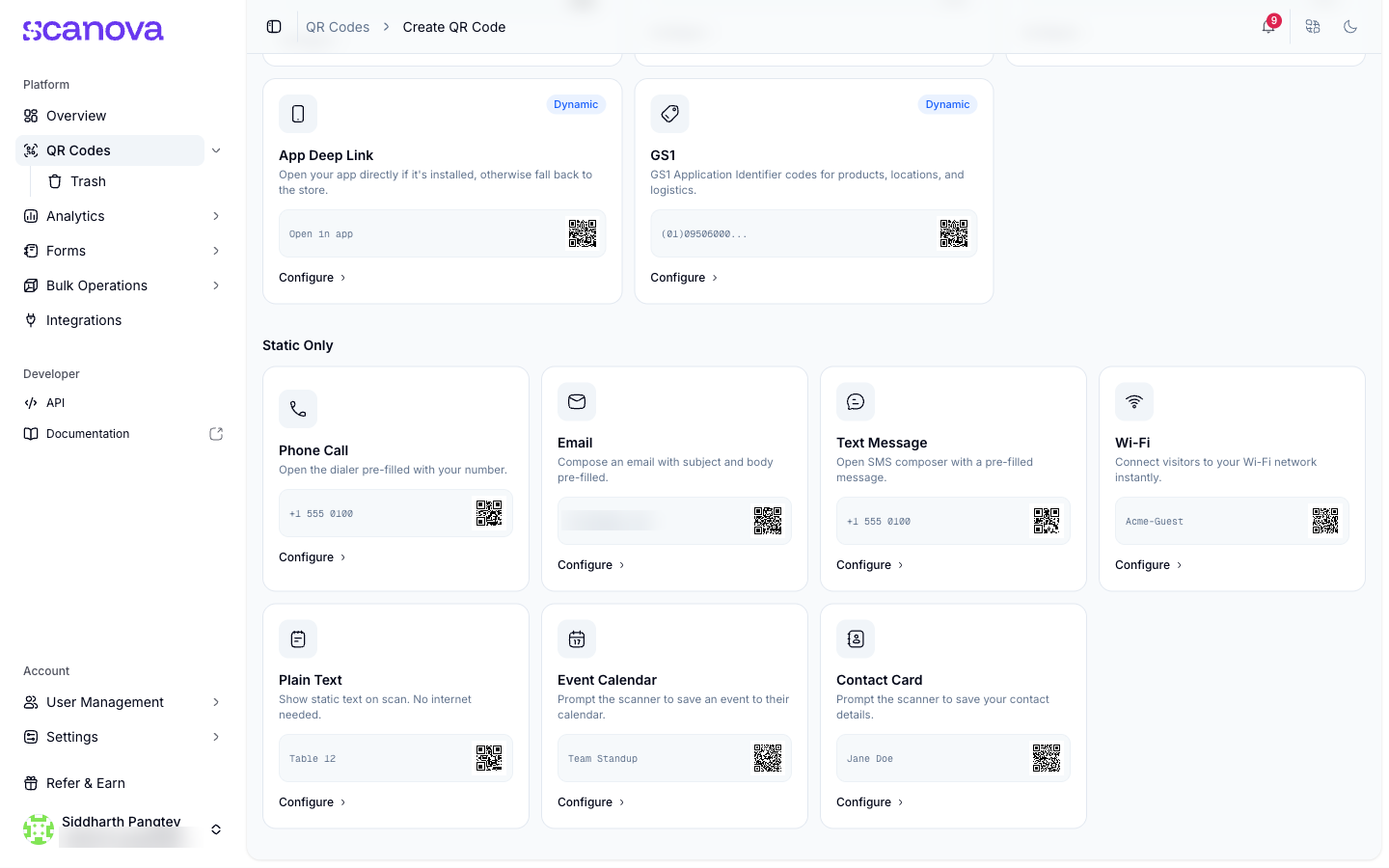 Quick Code picker showing the seven Static only types, which encode data directly and are not trackable