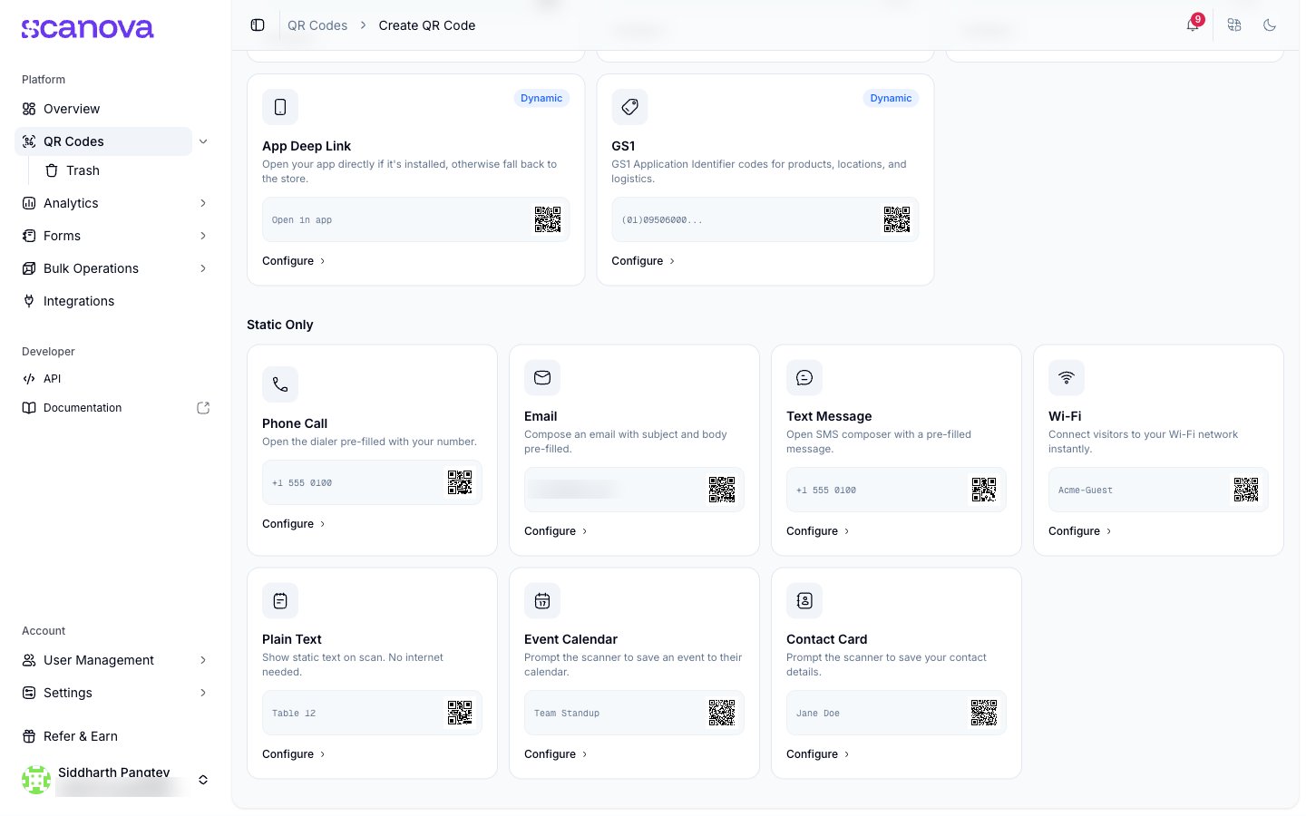 Quick Code picker showing the seven Static only types, which encode data directly and are not trackable