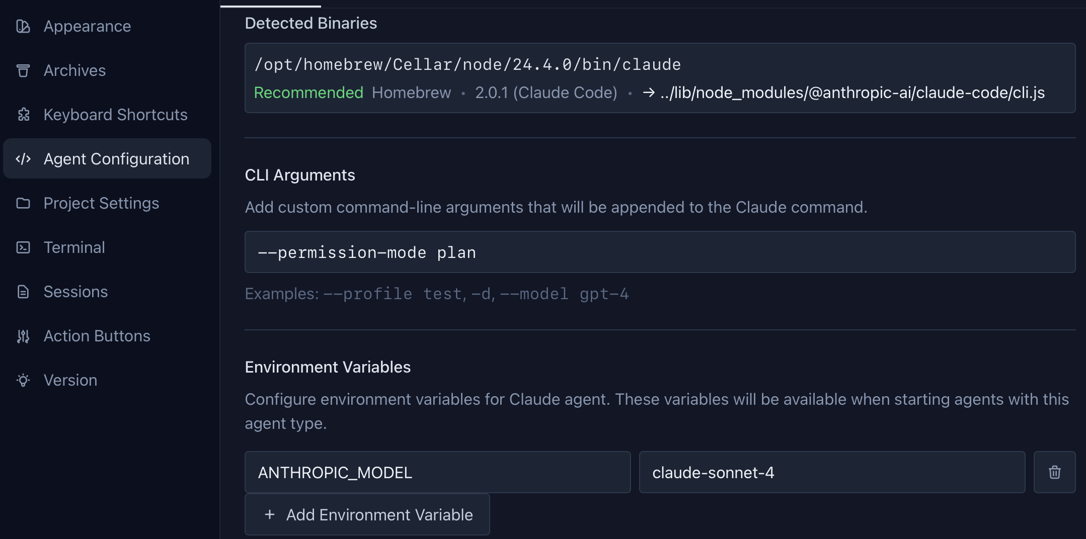 Agent Configuration settings showing detected binaries section with Claude Code path, CLI Arguments field with --permission-mode plan example, and Environment Variables section with ANTHROPIC_MODEL set to claude-sonnet-4