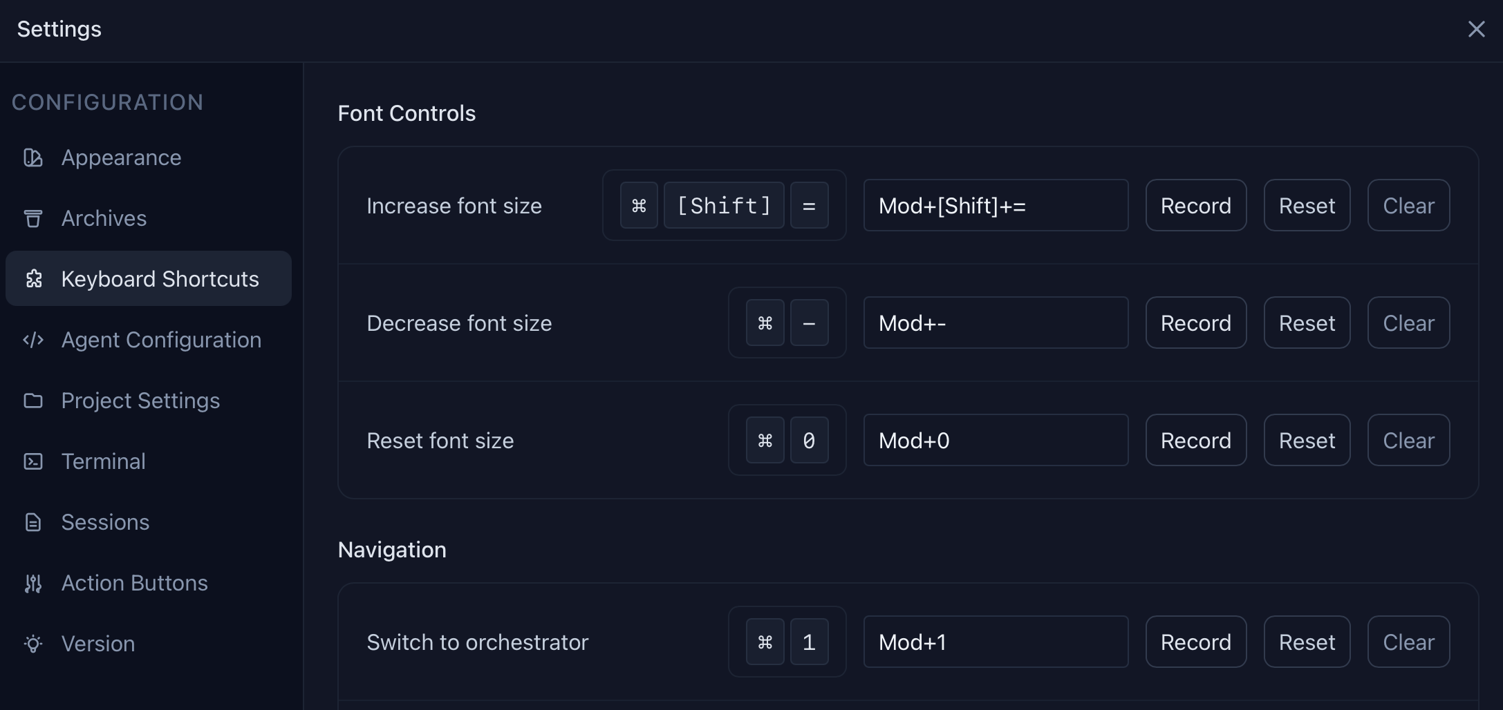 Keyboard Shortcuts settings panel showing Font Controls section with increase/decrease/reset font size shortcuts, and Navigation section with switch to orchestrator shortcut, each with Record, Reset, and Clear buttons