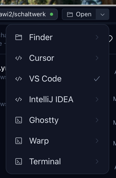 Open dropdown menu showing options for Finder, Cursor, VS Code (checked), Zed, IntelliJ IDEA, Ghostty, Warp, and Terminal