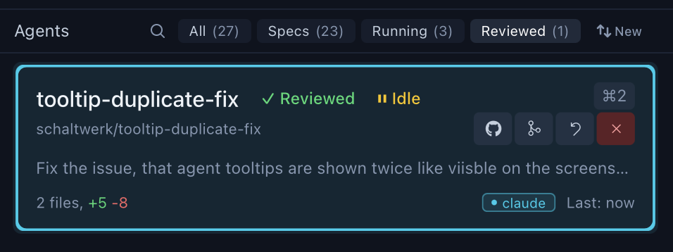 Reviewed session card with green checkmark, showing GitHub PR button, merge button, refresh button, and cancel button