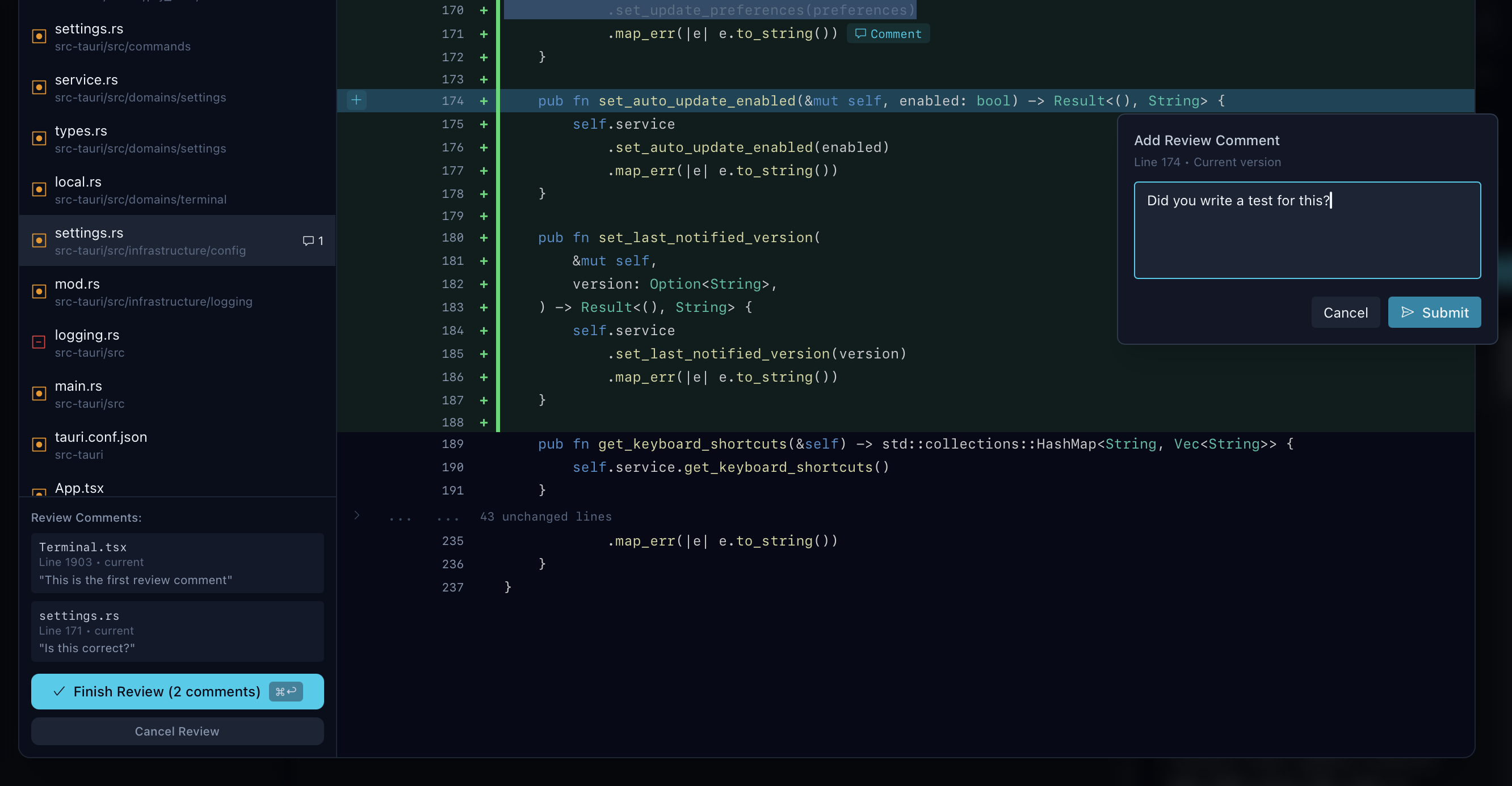 Diff viewer showing file changes with inline comments and review interface