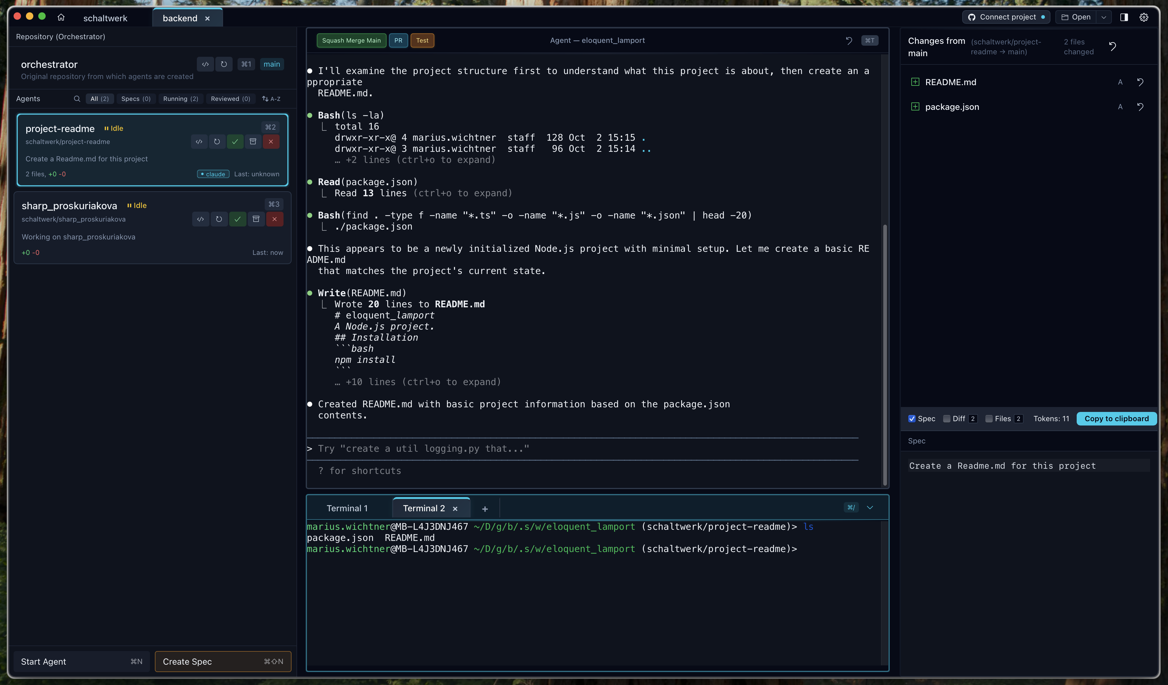 Full Schaltwerk interface showing sidebar with sessions, agent terminal on top displaying code analysis, and shell terminal below