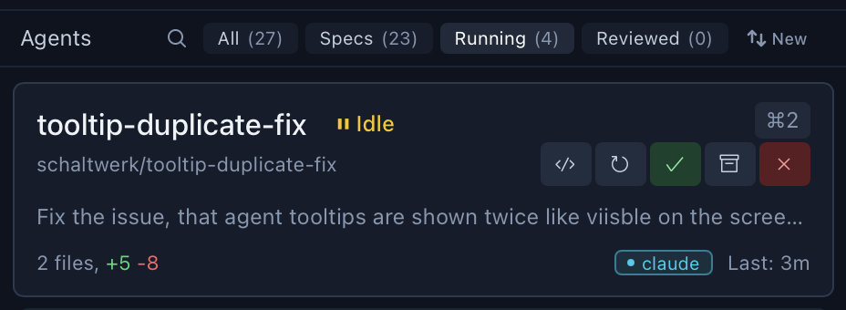Session card showing 'tooltip-duplicate-fix' with Idle status, filter tabs for All/Specs/Running/Reviewed, and action buttons including code view, refresh, mark reviewed, archive, and cancel