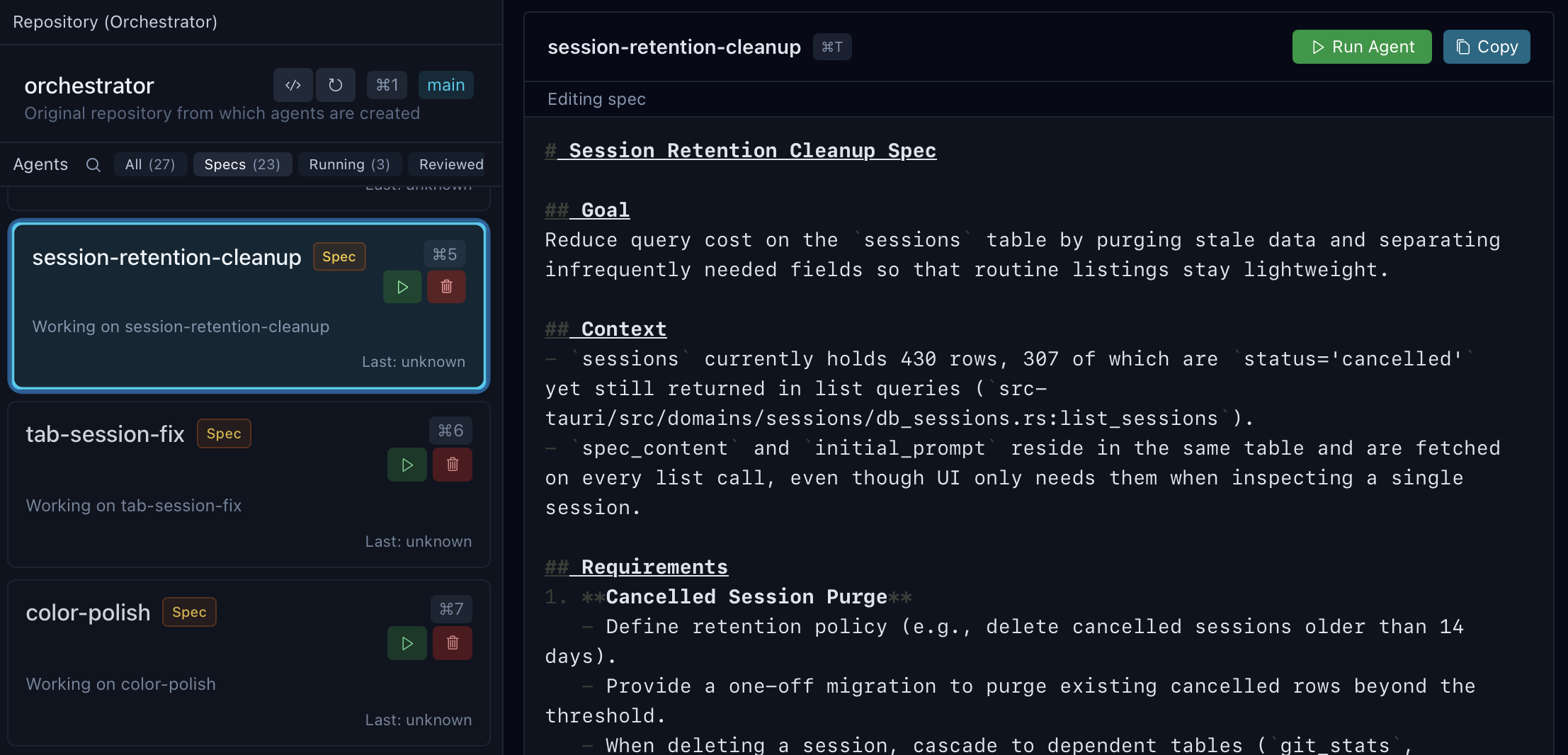 Spec management view showing multiple specs in sidebar with Run Agent and Copy buttons, markdown editor displaying spec content with goals, context, and requirements