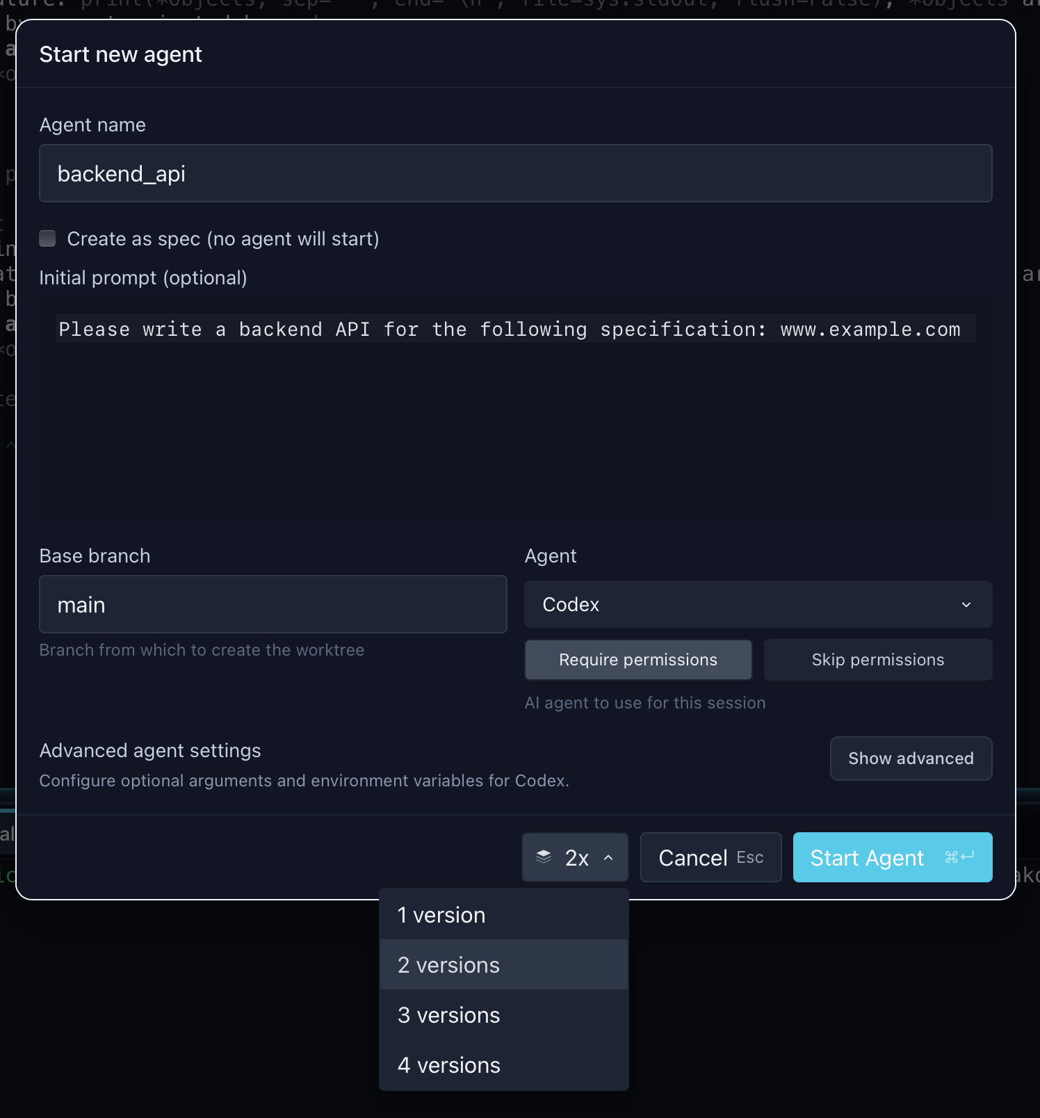 Start new agent dialog showing agent name field, initial prompt, base branch selection, agent dropdown (Codex), and permission settings